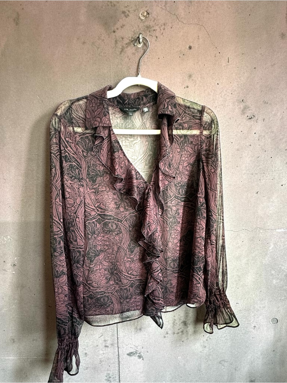 Ted Baker Dusty Rose Floral Ruffle Sheer Blouse